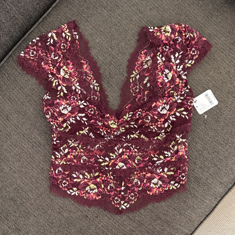 Free People Floral Lace Crop Top in Burgundy with Pink and Cream Accents
